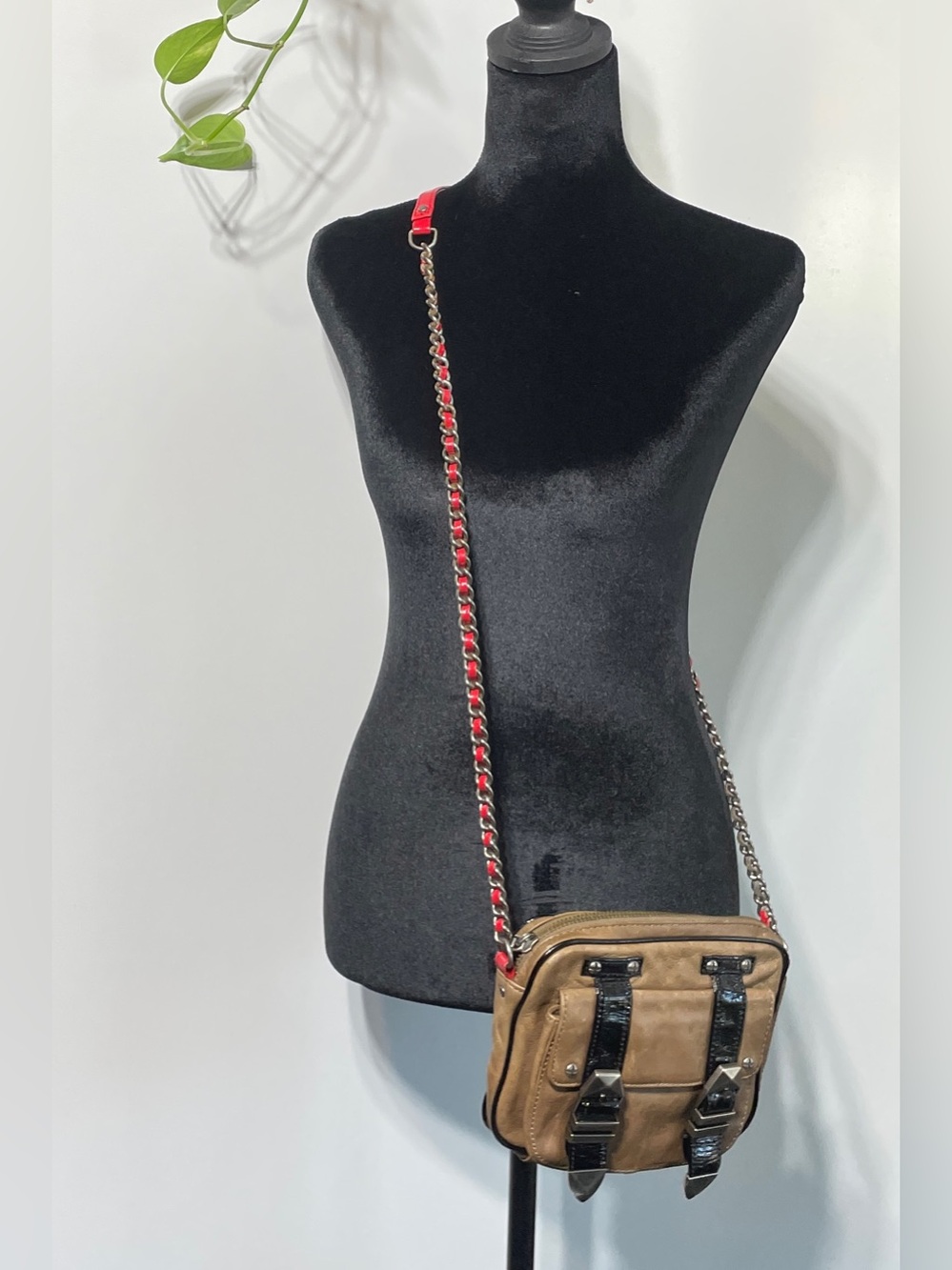 Rebecca Minkoff Embossed Leather Crossbody Bag with Gold Buckle and Chain